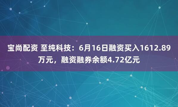 宝尚配资 至纯科技：6月16日融资买入1612.89万元，融资融券余额4.72亿元